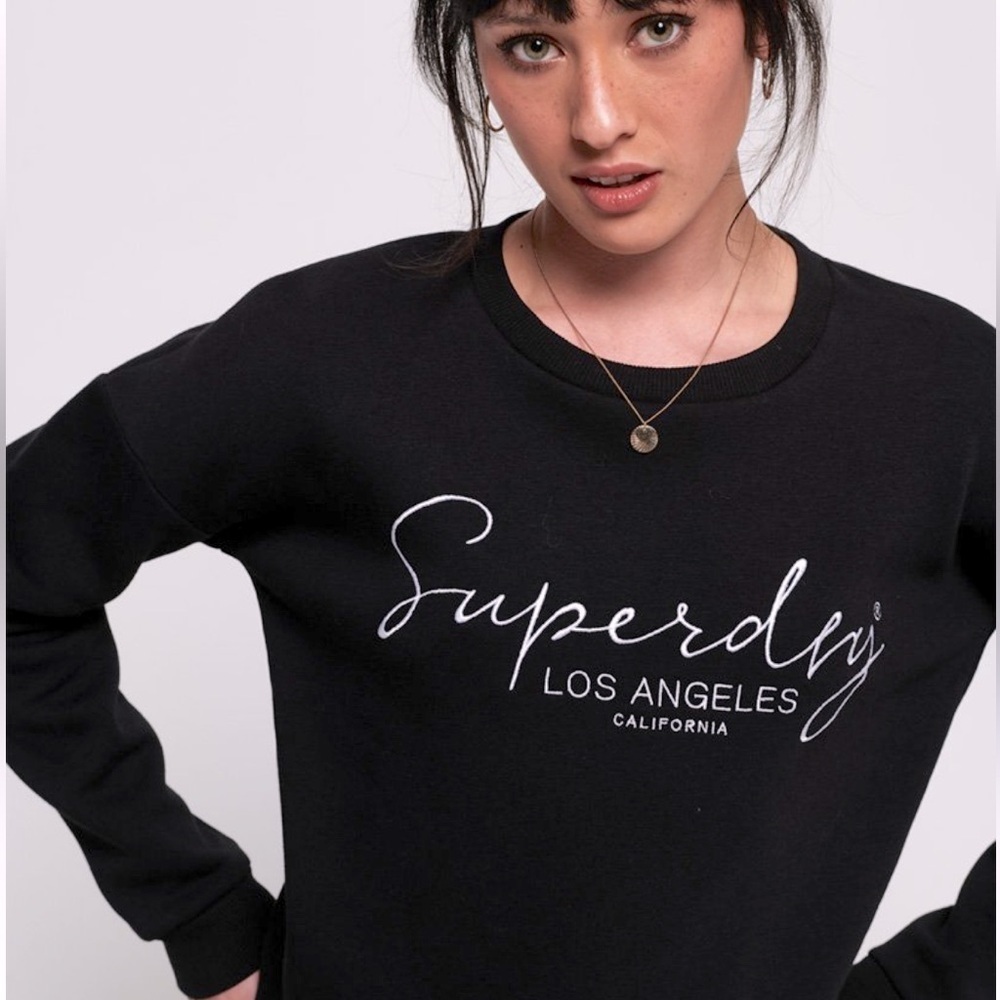 Superdry Alice Black Crewneck Logo Embroidered Sweatshirt in Black Size 8/ M